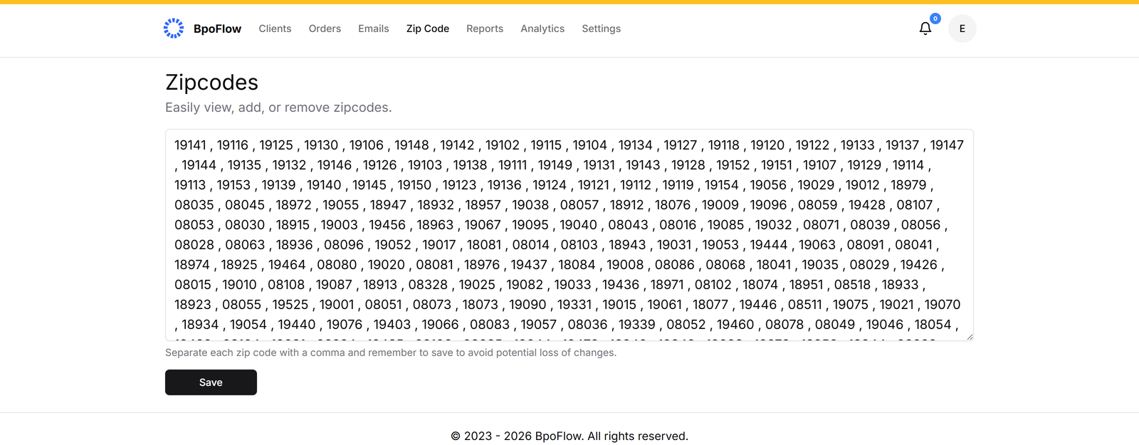 BpoFlow zip code coverage filters
